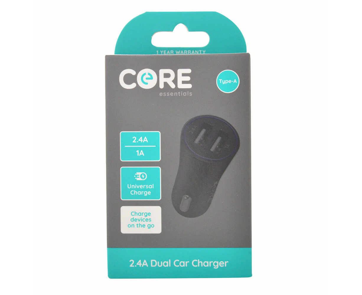 Core Essentials Type-A Dual Port Car Charger Universal Adapter 2.4A/1A Black