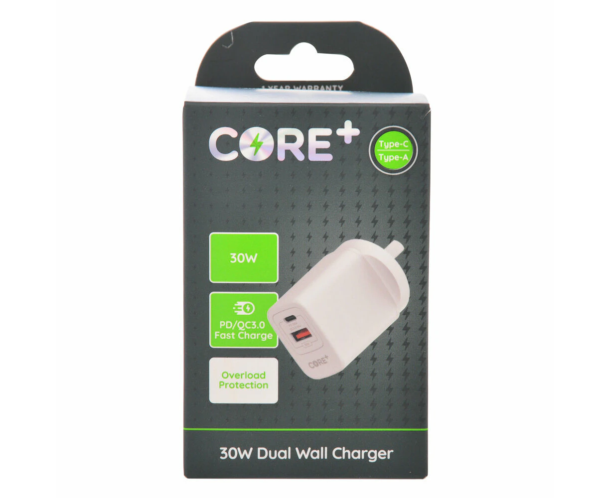 Core Type-C/USB-A Dual Port Wall Charger Fast-Charge Phone Adapter 30W White