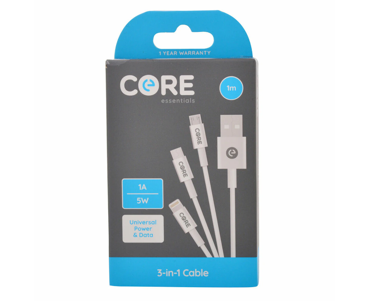 Core 3in1 Micro USB-C to 8-Pin Cable Charging Cord 1m For iPhone/Samsung WHT