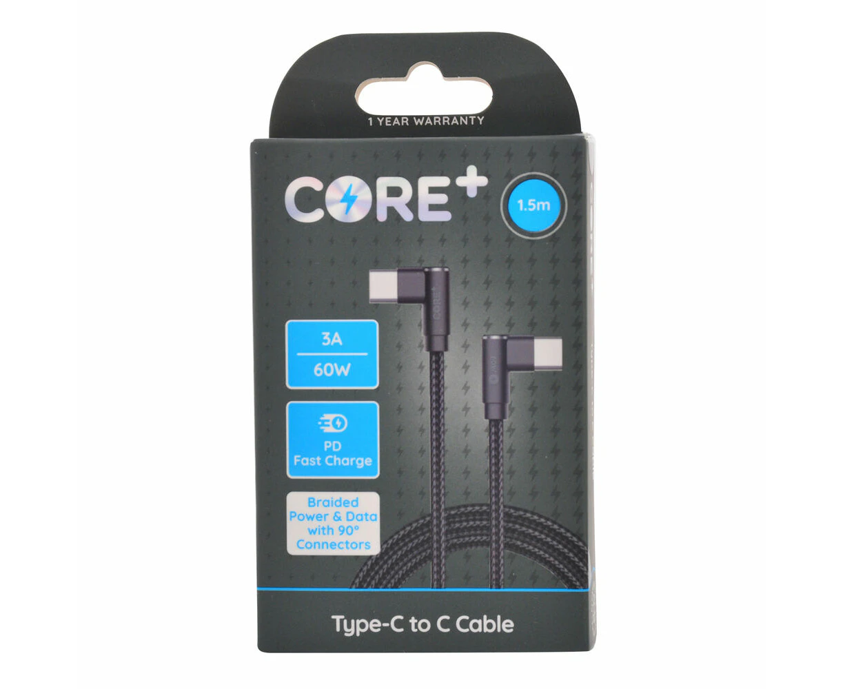 Core 90-Degrees Type-C Charging Cable Data Cord Connector 60W/1.5m Black