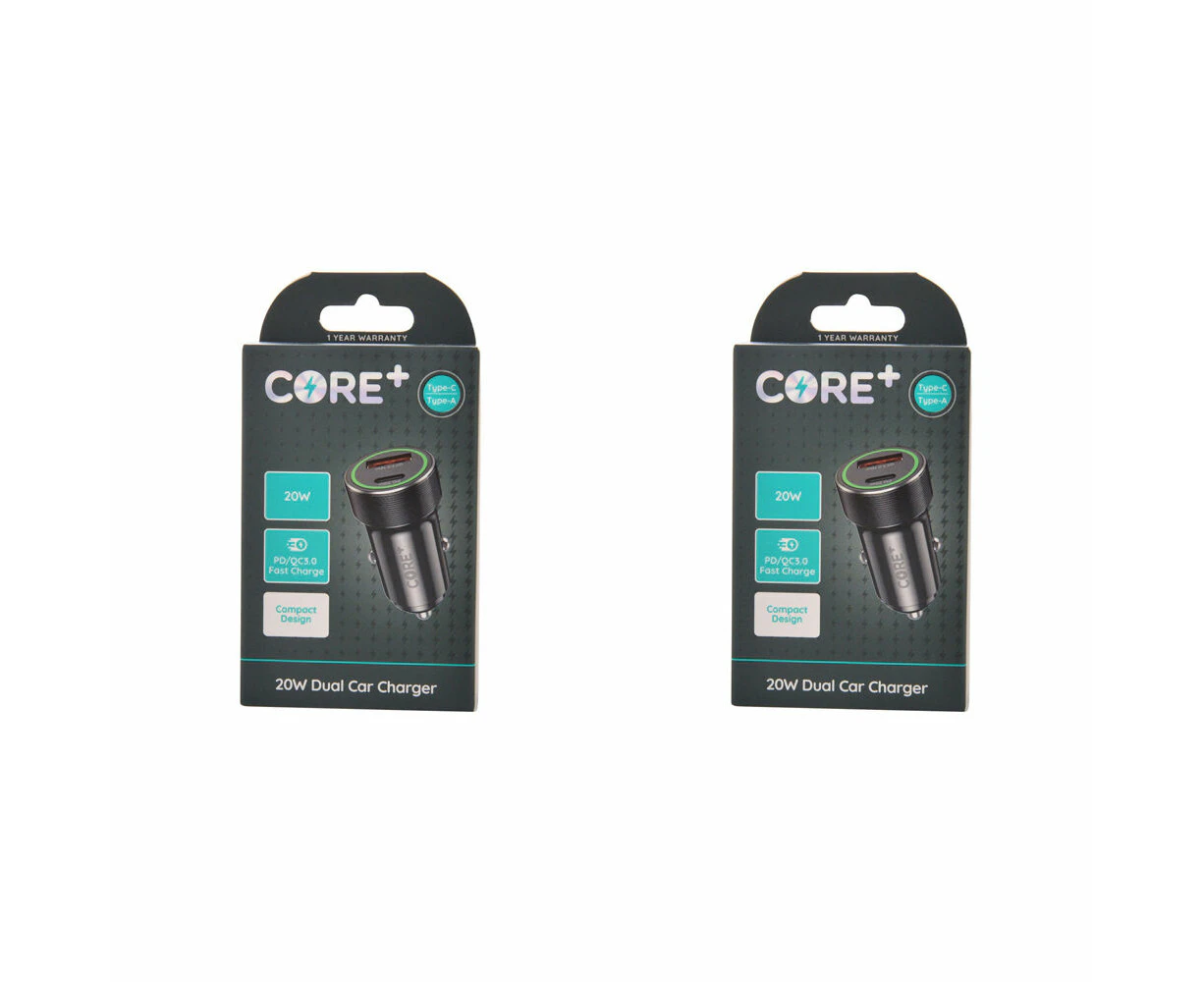 2PK Core Type-C/USB-A Dual Port Car Charger Fast Charge Adapter Socket 20W Black