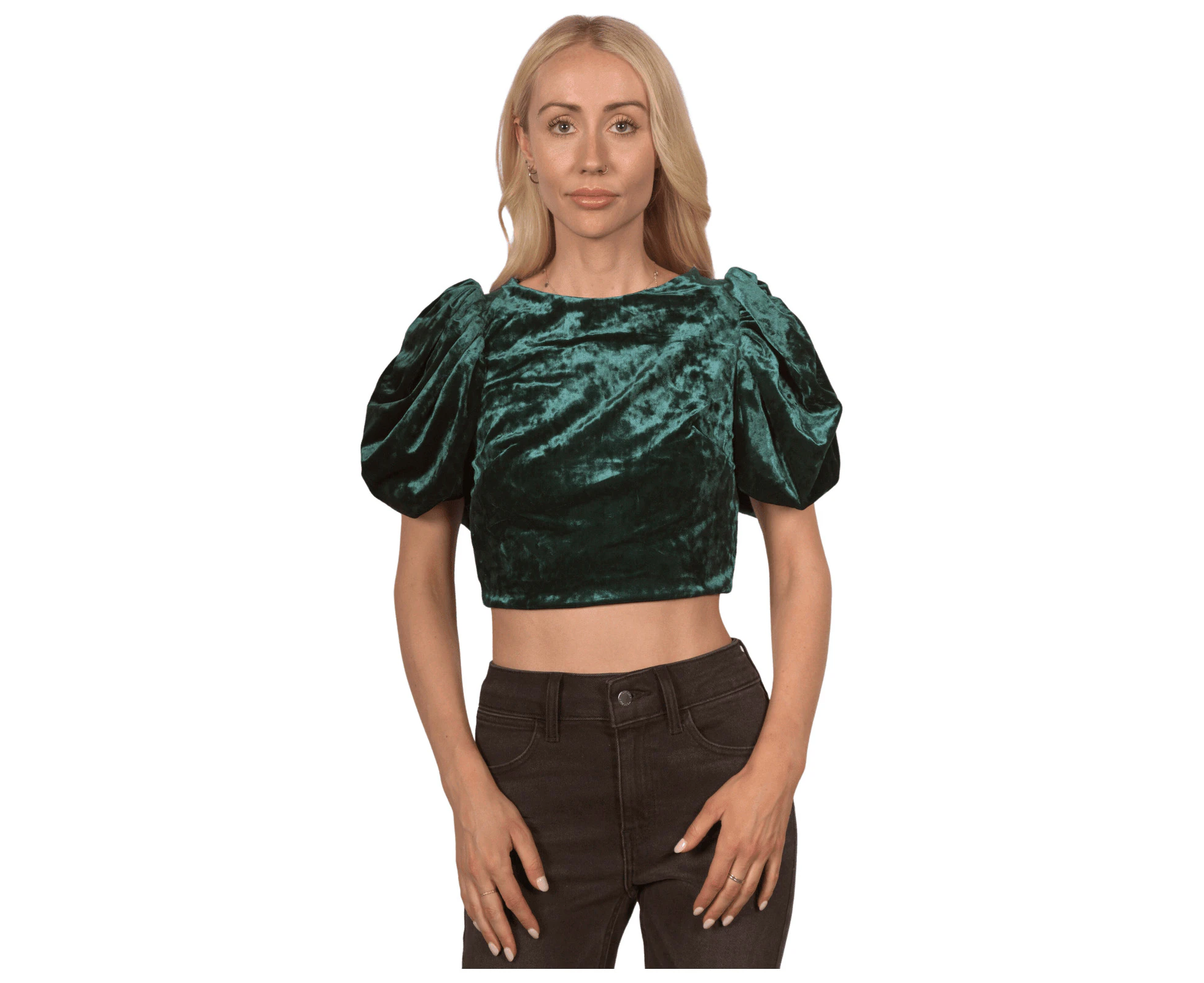 Topshop Women's Cropped Velvet Balloon Sleeve Blouse in Emerald Green