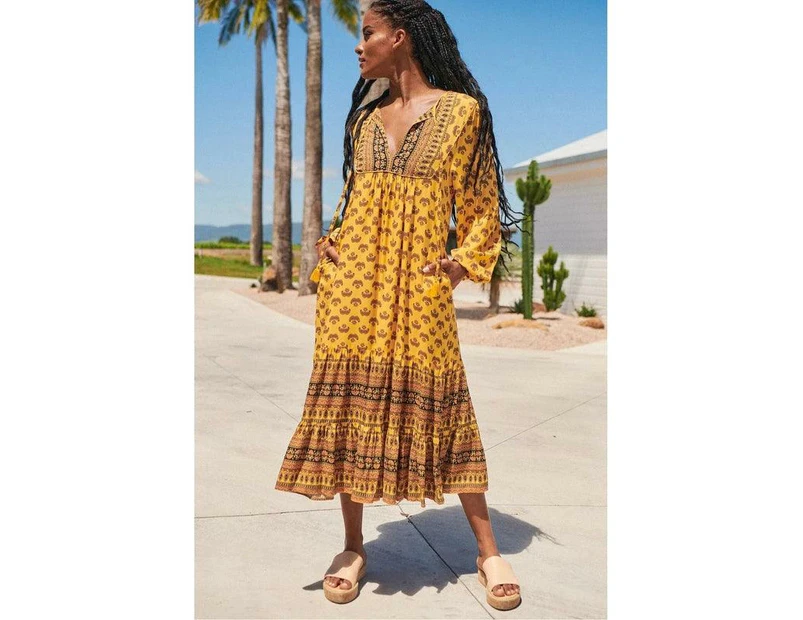 JAASE Sun Beam Print Liliana Midi Dress - Mustard Yellow