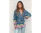 JAASE Posy Print Kellie Long Sleeve Blouse - Blue