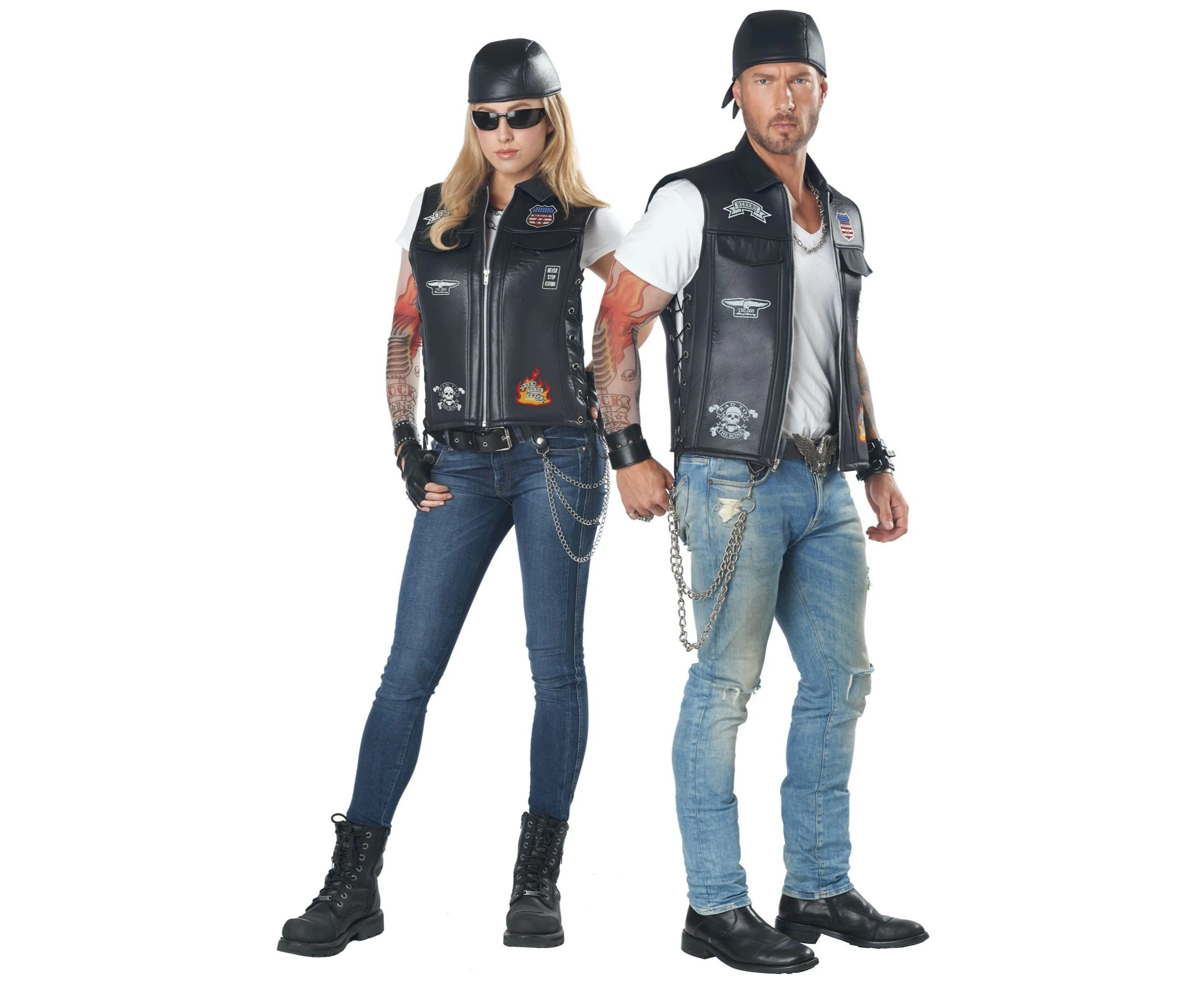 Biker Badazz Rider Rocker 80s Gangster Adult Mens Costume Tattoo Vest & Cap