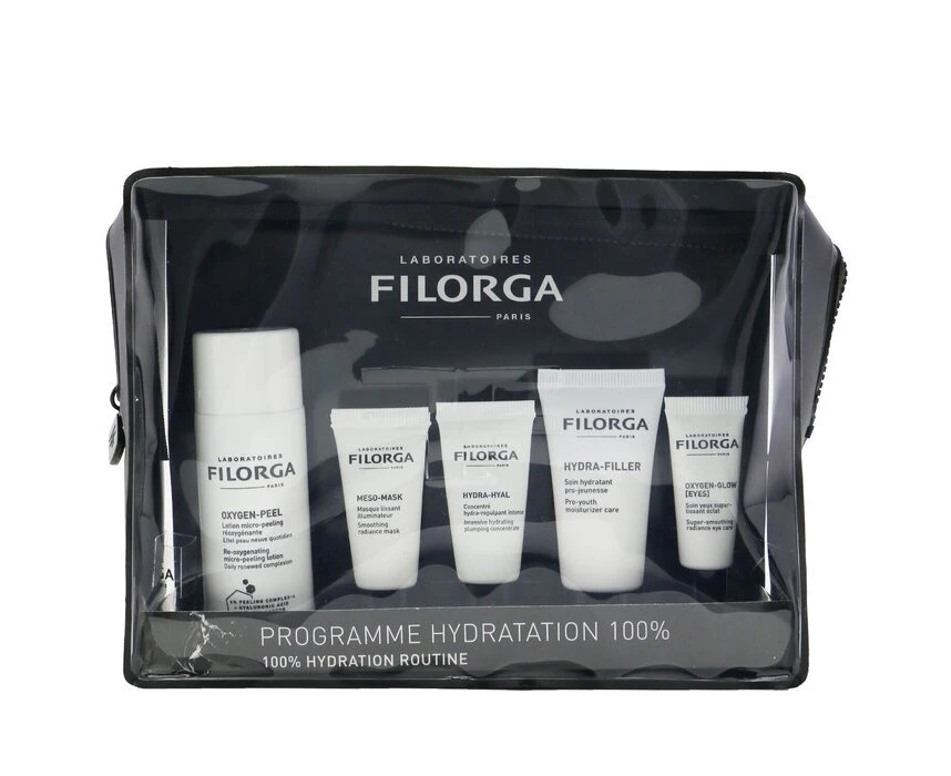 Filorga 100% Hydration Routine Set: Oxygen Peel 50ml+Meso Mask 7ml + HydraHyal 7ml + HydraFiller 15ml+ Oxygen Glow Eyes 4ml + Bag 5pcs+1bag