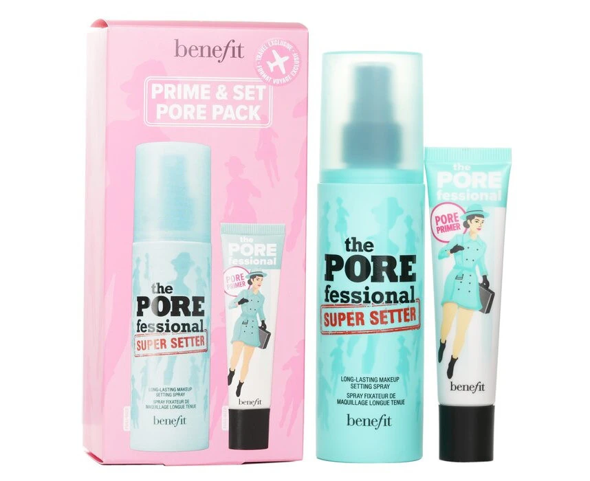 Benefit Prime & Set Pore Pack: The Porefessional Smoothing Face Primer + Super Setter Long Lasting Makeup Setting Spray 2pcs