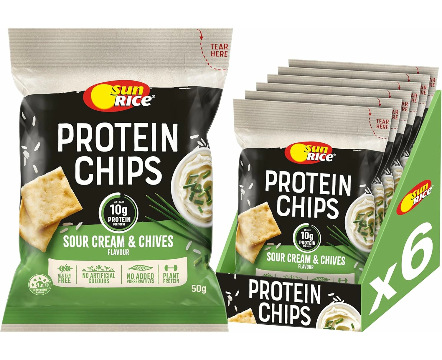 SunRice Sour Cream & Chives Flavour Protein Chips 50 g (Pack of 6)