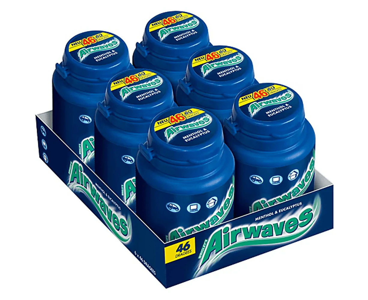 Wrigleys Airwaves Chewing Gum Menthol and Eucalyptus 6 Bottles