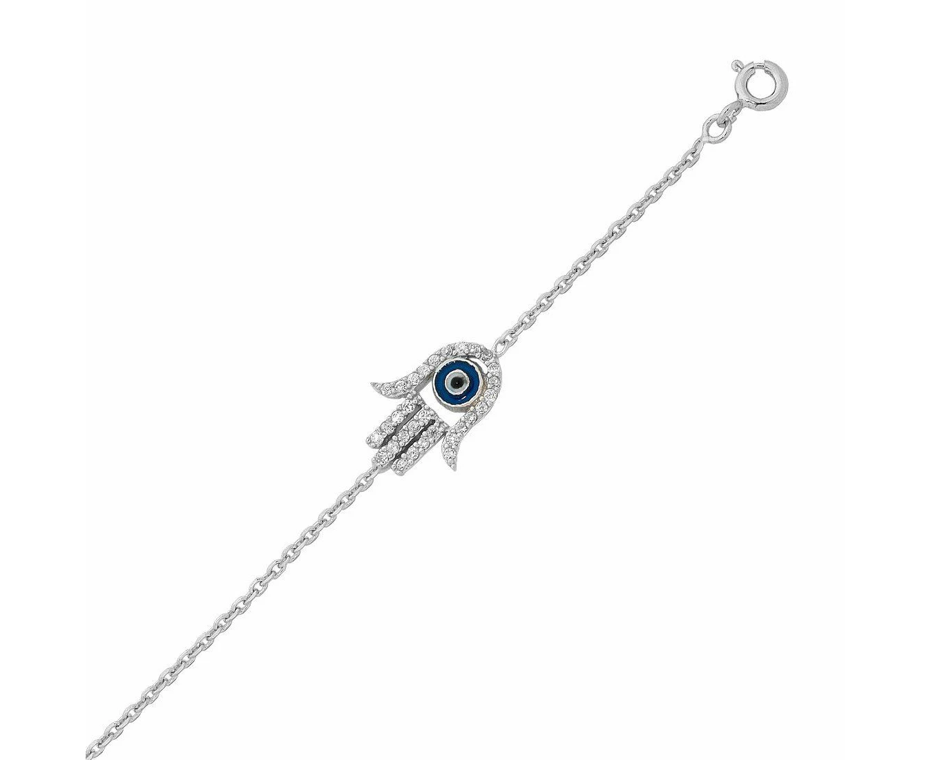 Bevilles 18cm Sterling Silver Evil Eye Zirconia Hamsa Charm Bracelet