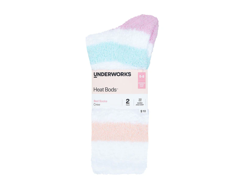 Underworks Women's Heat Bods Cosy Crew Bed Socks 2-Pack - Melon