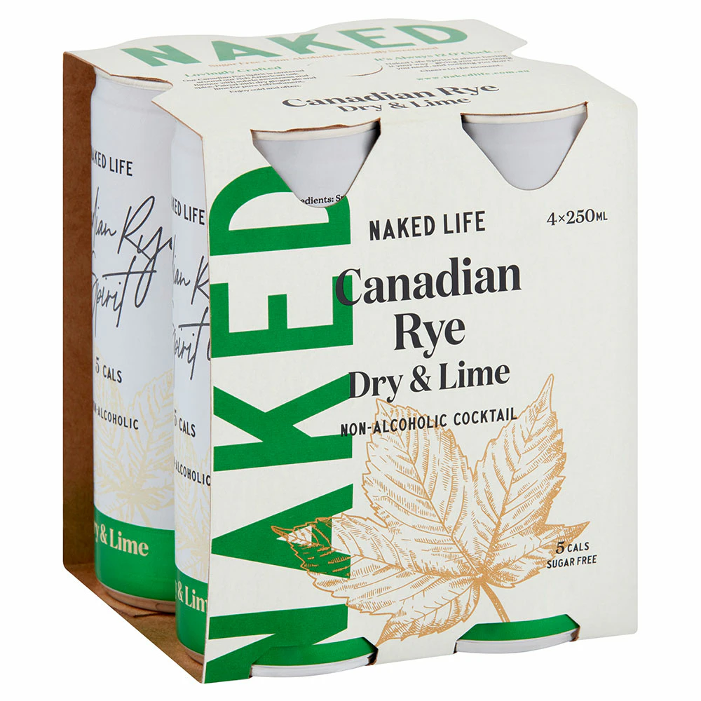 4PK Naked Life 250ml Canadian Rye Spirit Dry & Lime Non-Alcoholic Cocktail Cans