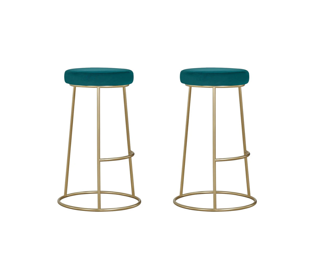 HomeStar Set of 2 Xyla Velvet Fabric Kitchen Bar Stool - Gold Metal Frame - Green