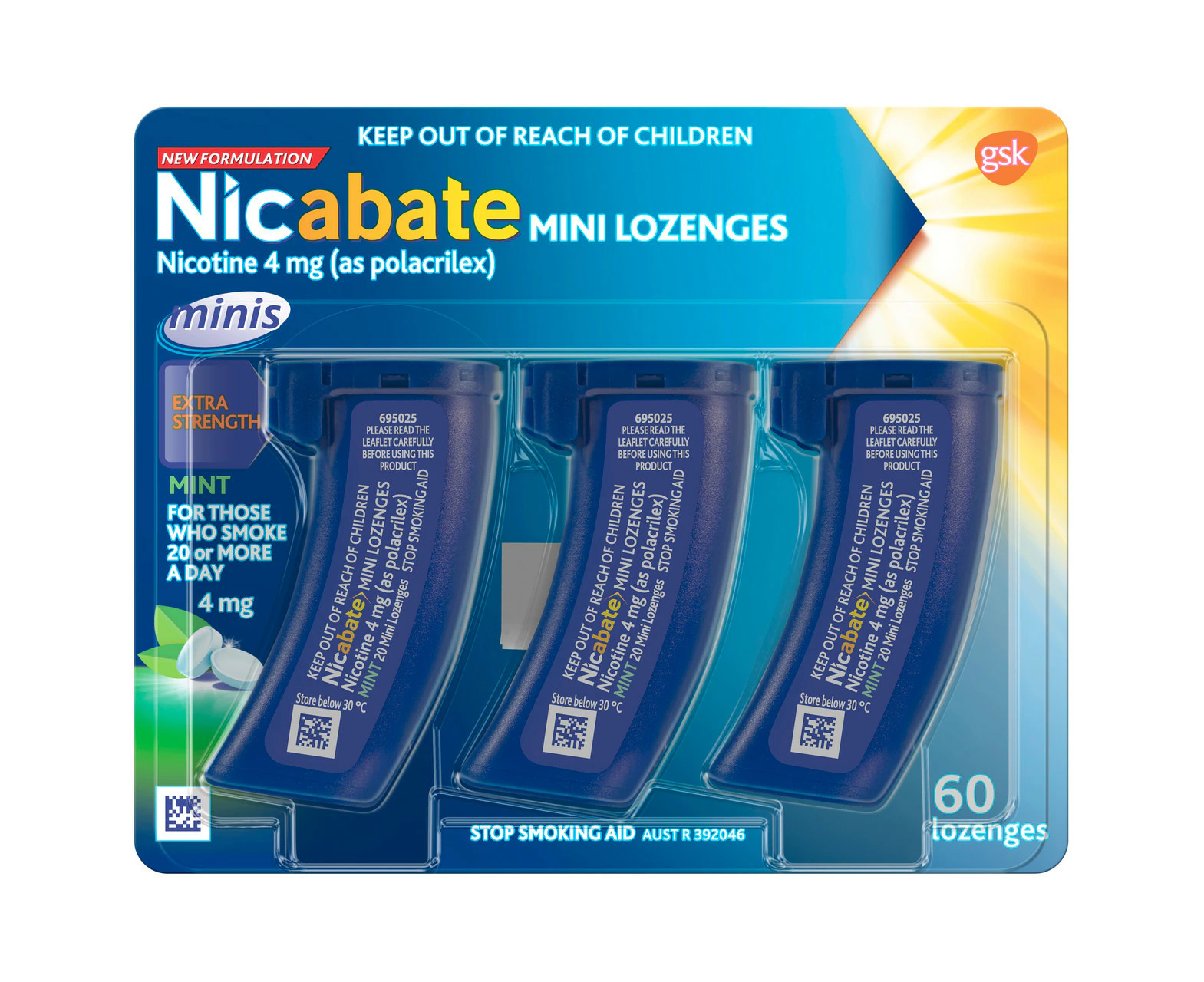 Nicabate Mini Lozenge Stop Smoking Nicotine 4mg Extra Strength Mint 60 Pack