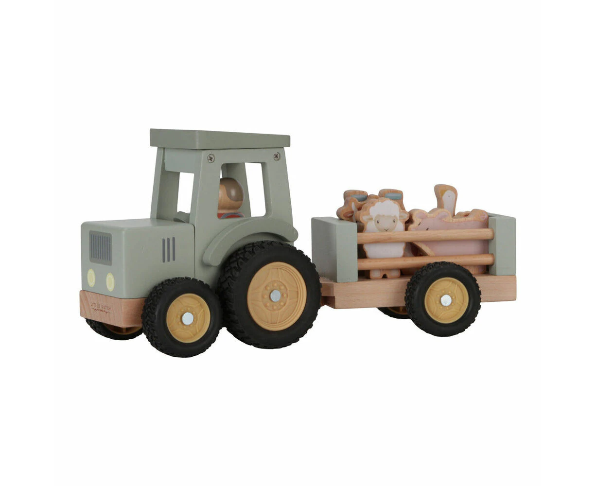 Little Dutch Little Farm Wooden Tractor w/ Trailer/Figurine Baby Toy 18m+