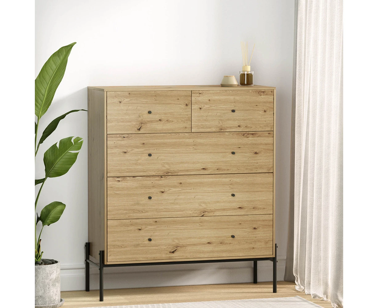 Arno Chest of Drawers 5 Pine High Density Particleboard Frame Light Oak Black