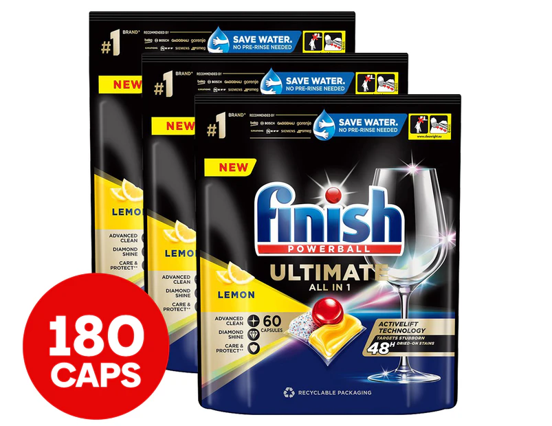 3 x 60pk Finish Powerball Ultimate All in 1 Dishwashing Caps Lemon