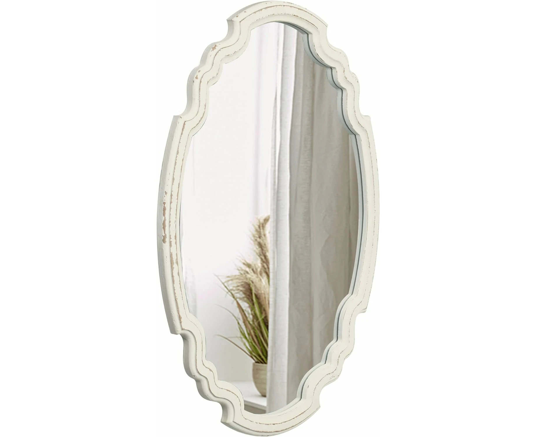 Vintage Sculpted Oval Mirrors for Wall Decor 23 i h, Distressed White Ornate Accent Wood Oval Bathroom Mirror Vanity, Rustic Wall Mounted Mirrors, Fa