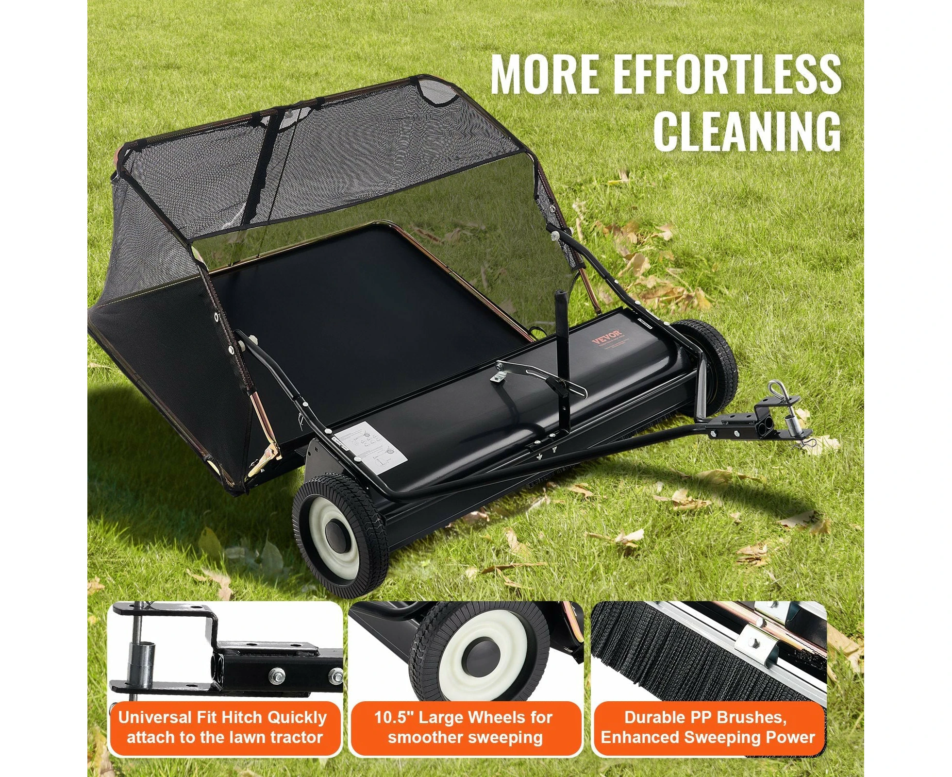 Tow-Behind Lawn Sweeper 1.32m, 26 cu.ft. Capacity, Adjustable Height & Storage