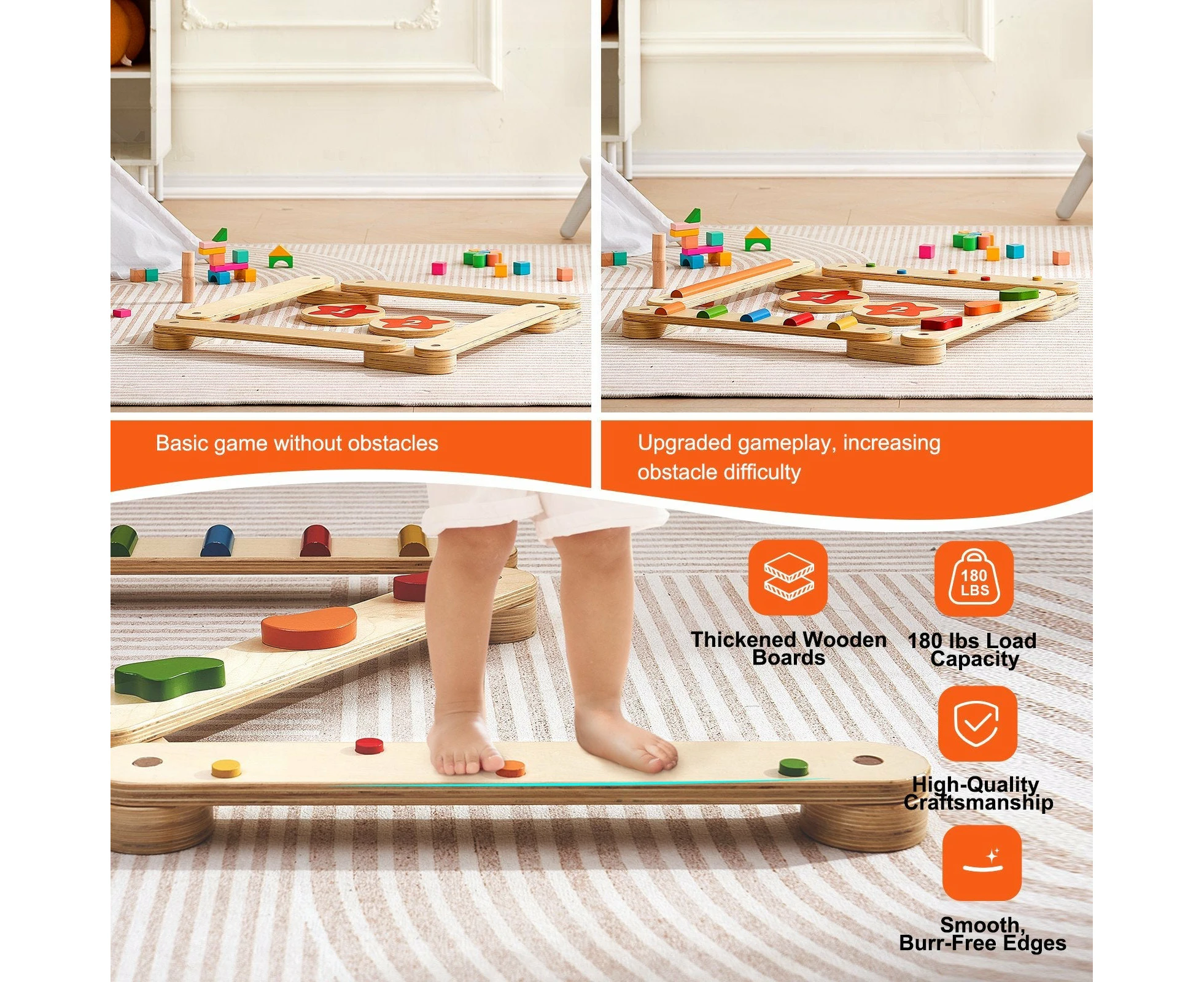 Wooden Kids Balance Beam Set with Stepping Stones - 6 Pieces, Ages 2-6