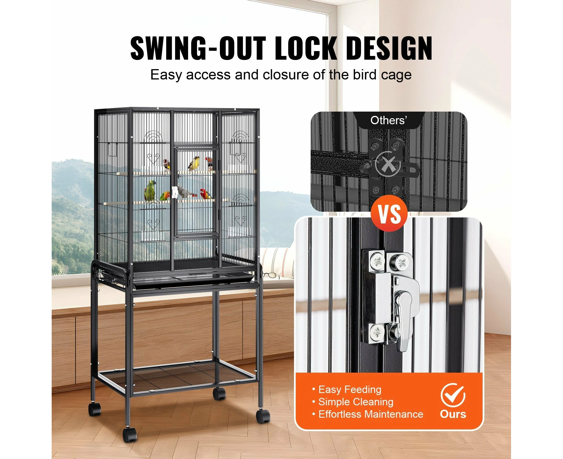 Large Bird Cage with Rolling Stand, Carbon Steel, 1.37m Tall for Parrots