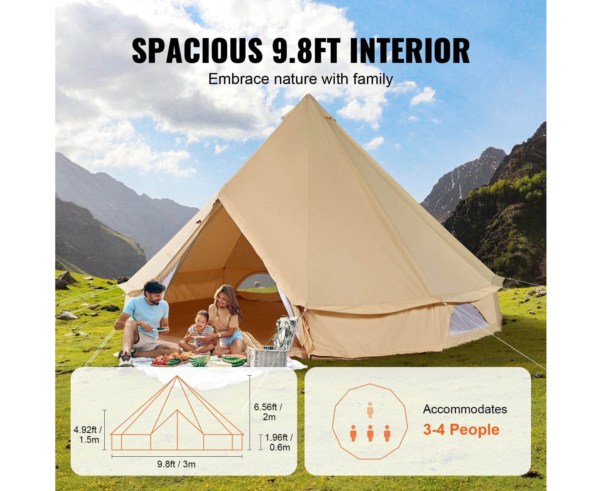 All-Season 3m Canvas Bell Tent for Camping with Stove Jack and PVC Groundsheet