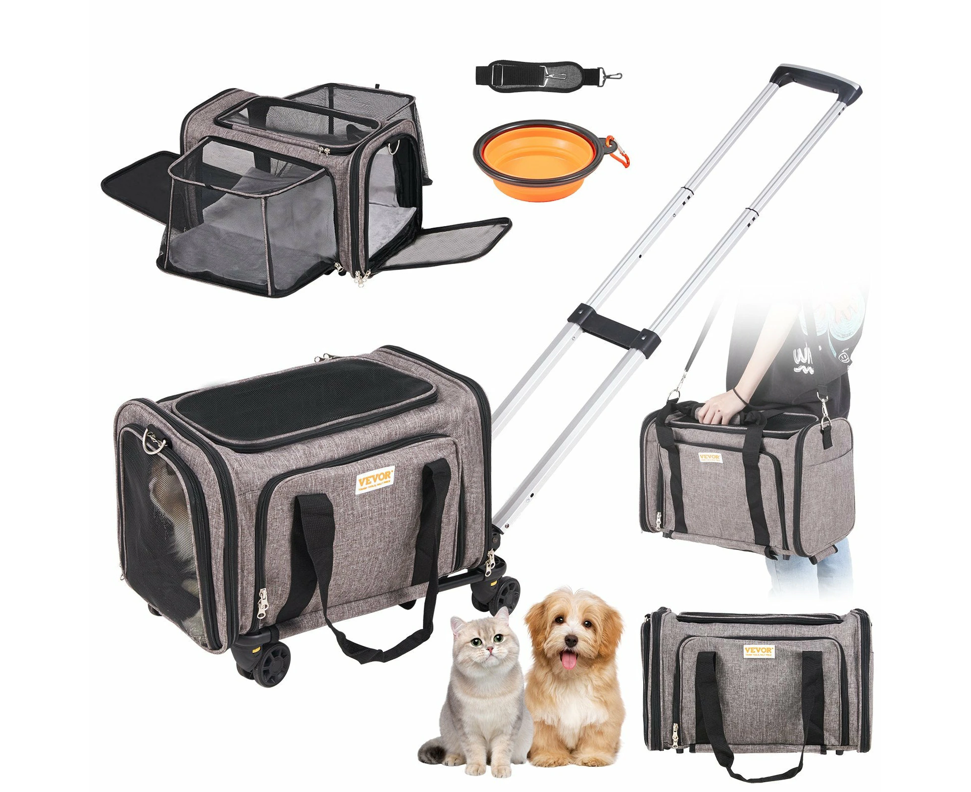 VEVOR Cat Carrier with Wheels Airline Approved Rolling Pet Carrier 25 lbs Grey