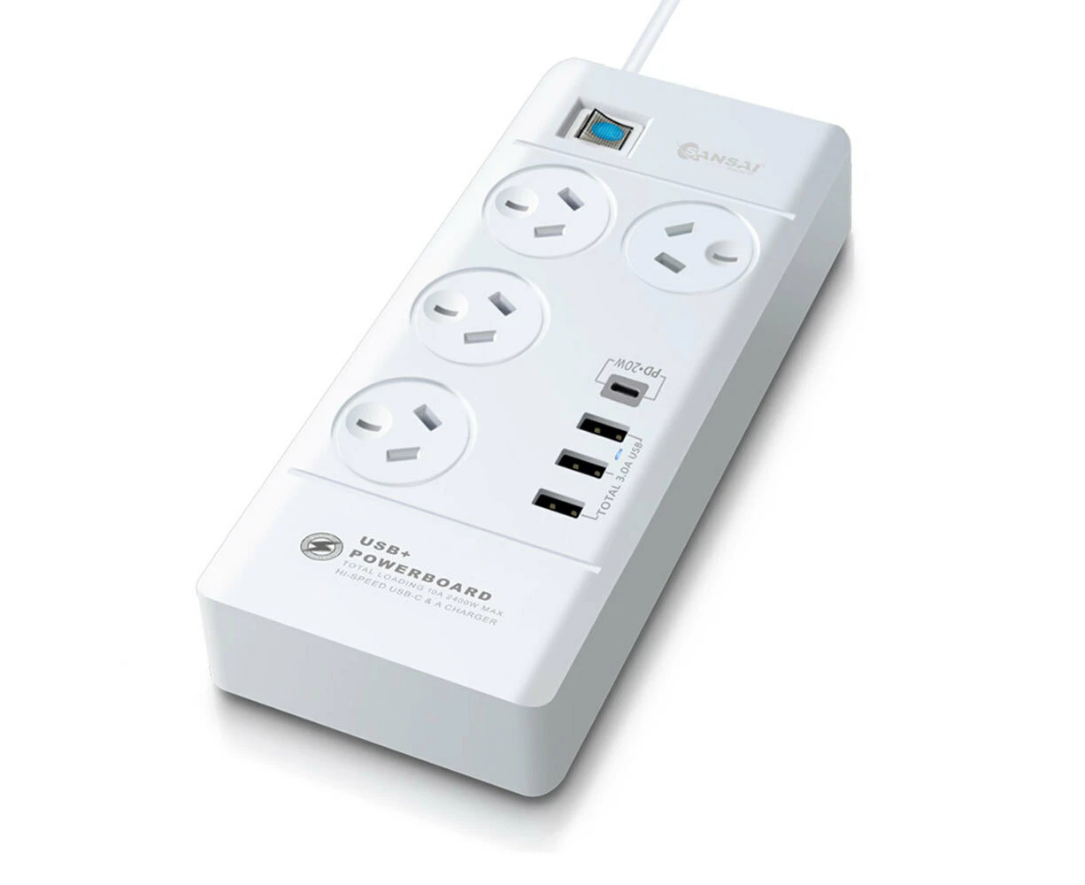 Sansai 4-Way Outlet 2400W Surge Protector Power Board/USB-A/USB-C Charger Ports