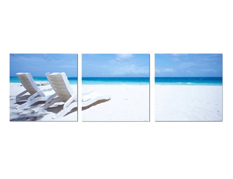 3-Part Landscape Canvas 57 x 57cm - Sunbeds on Beach