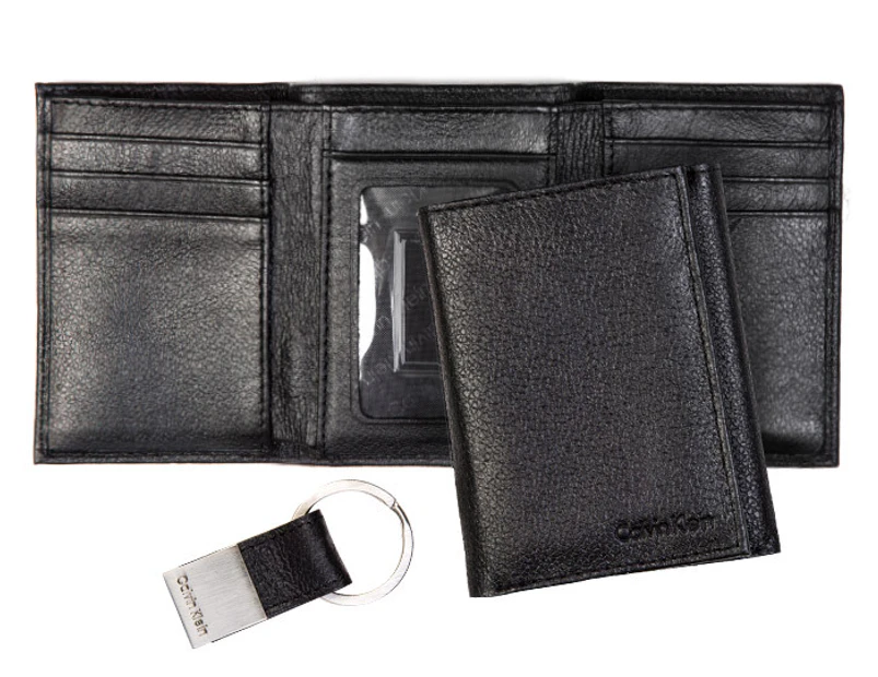 Calvin Klein Leather Trifold Wallet & Key Fob Set - Black