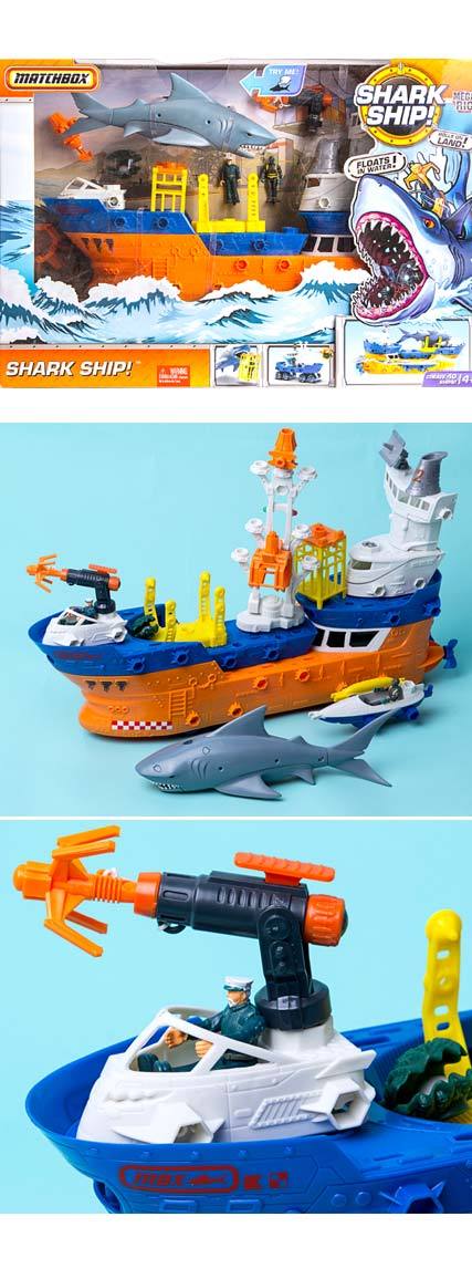 matchbox boat with shark